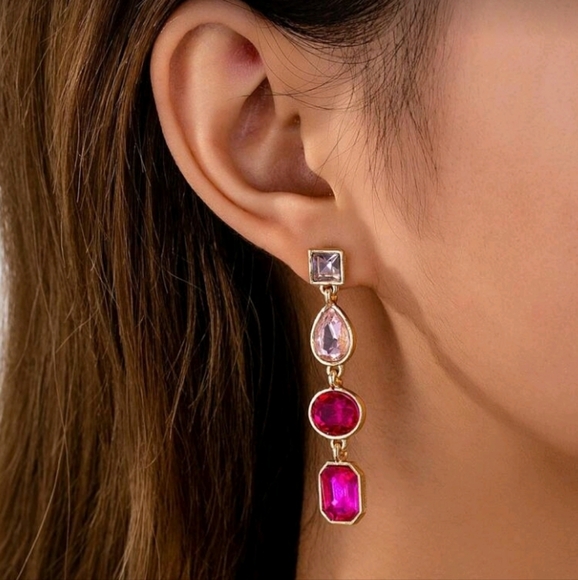 NEW! Elegant Gold Plated Pink Gemstones Dangle Drop Post Earrings - Picture 1 of 5
